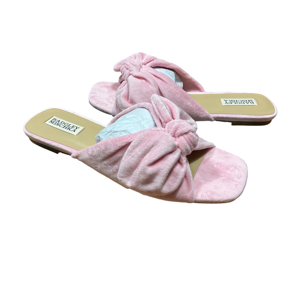 Badgley Mischka Darla Pink Velvet Knotted Bow Slide Sandals Flat Shoes Size 9